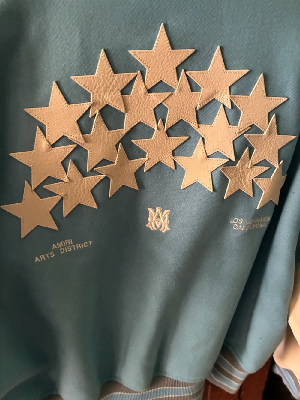 AMIRI Pastel Blue and Cream Varsity Jacket with Star Embroidery - Picture 6 of 7